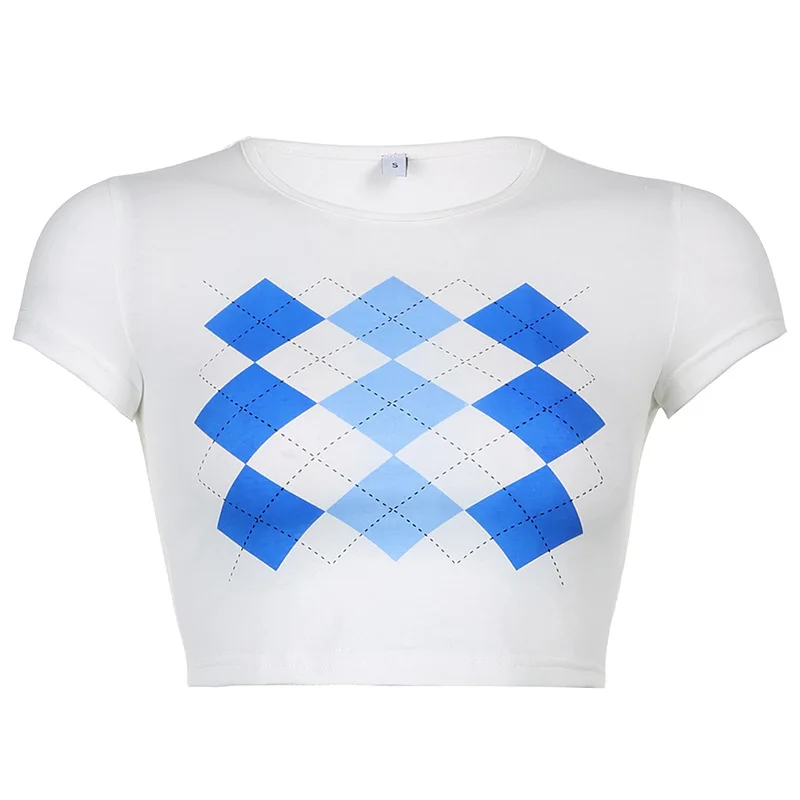 Футболка женская с ромбовидным принтом белый облегающий Топ Укороченная рубашка