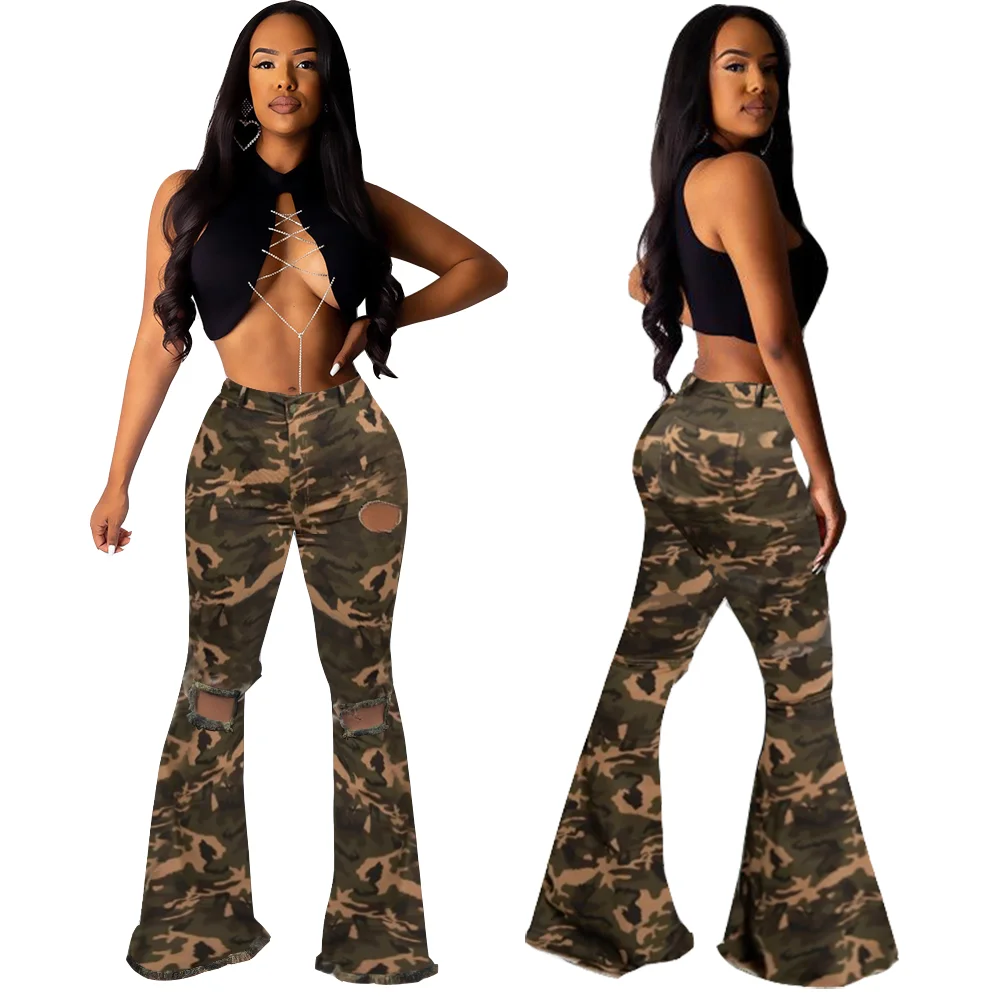 

Sexy Women High Waist Denim Camouflage Pants Bodycon Jeans Hollow Out Casual Long Pants