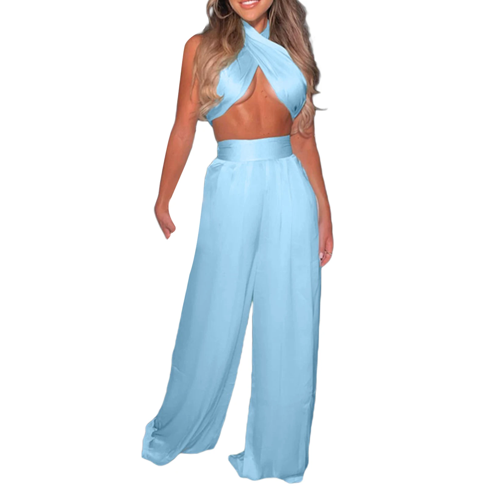 

Women’s Summer Suit Fashion Creative Solid Color Backless Tops and Wide Leg Pants