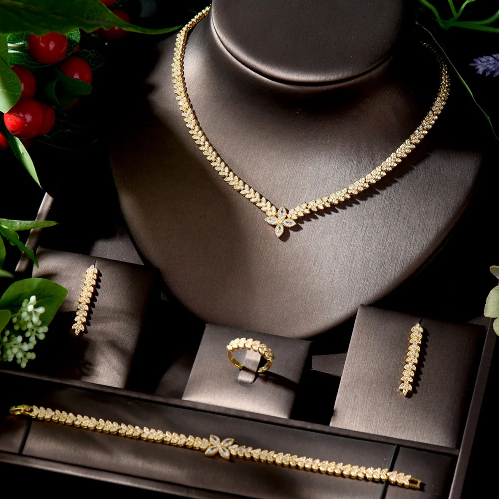 HIBRIDE Золотое свадебное ожерелье серьги для женщин Африканский ювелирный набор