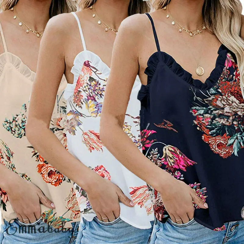 Женский топ без рукавов блузка повседневные свободные майки с цветочным