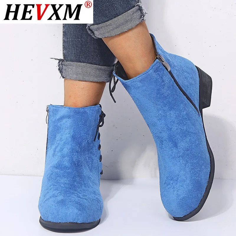 

2021 Winter Boots Women Middle Ankle Casual Blue Grey Lace-up Solid Zipper Boots With Big Plus Size 35-43