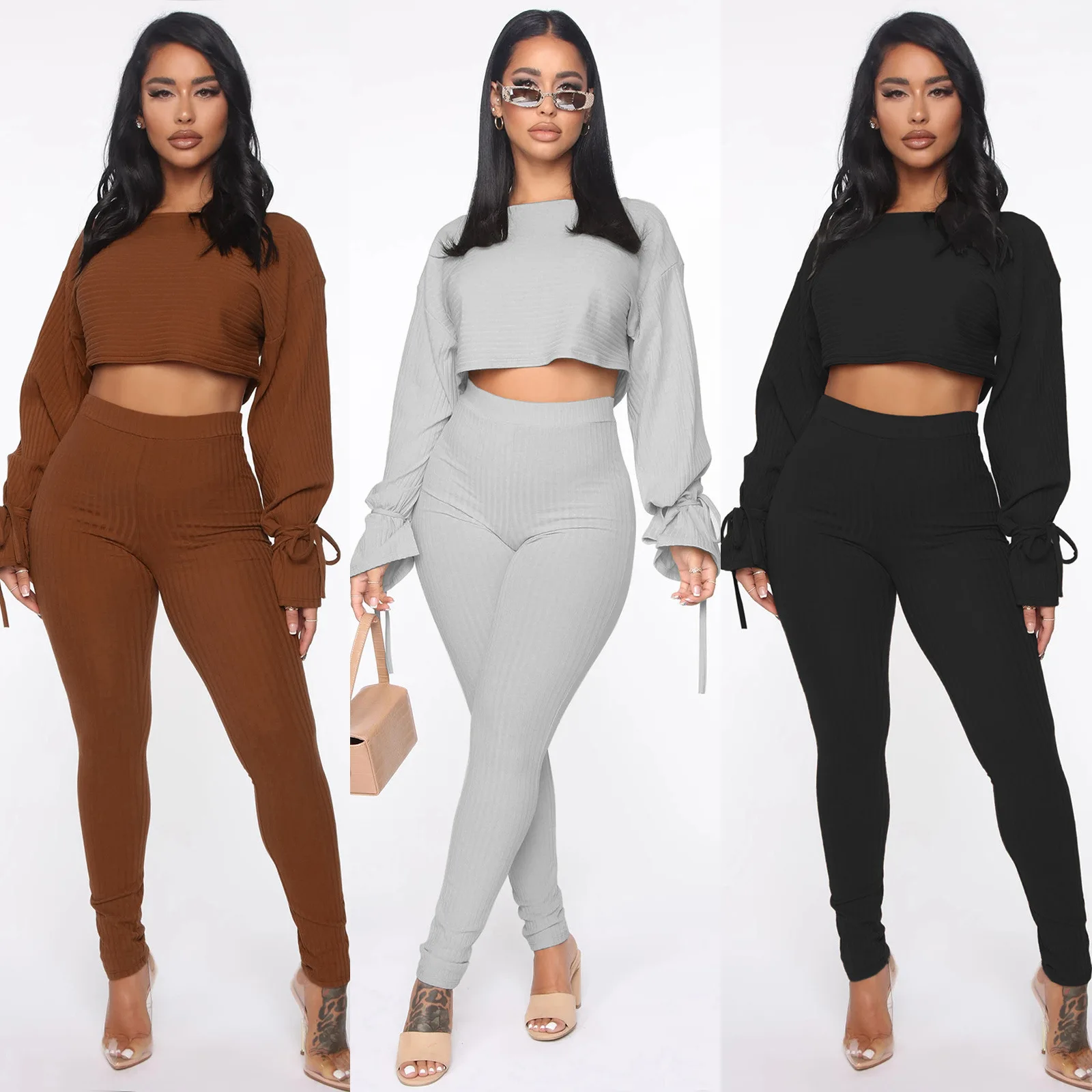

Donsignet New Fashion Casual Solid Womens Suits Long Sleeve Top Long Pants Two Piece Set
