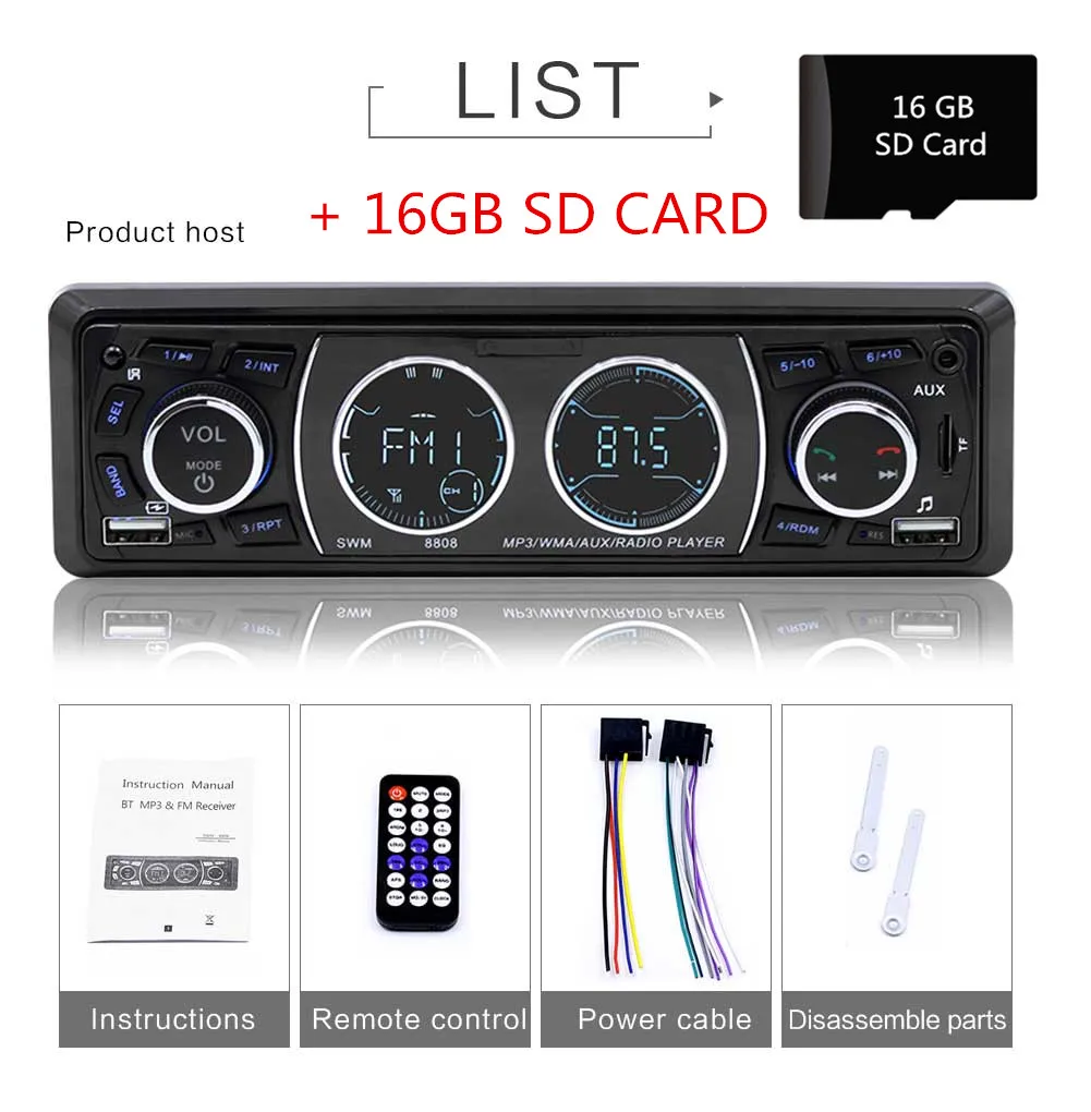 with 16 GB SD card Радио 1 Din Oto Teypleri, Автомобильный MP3-плеер, Авторадио, Bluetooth, fm-радио, автомобильное аудио, телефон, зарядка, стерео, AUX, авто радио, USB, TF - Цвет: with 16 GB SD card