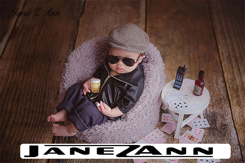 Jane Z Ann Newborn Photography props infant faux Leather jacket pants Social People cool boy boss creative studio shooting item | Детская