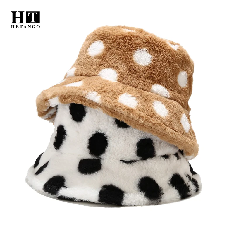 New Autumn And Winter Polka Dot Fisherman Hat Outdoor Outing All-Match Faux Rabbit Fur Warm Basin Hat Casual Literary Sun Hats