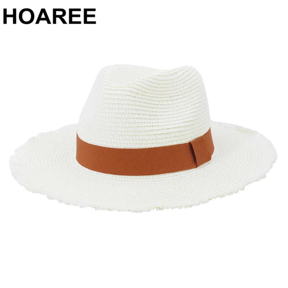 

White Sun Hats For Women Men Panama Summer Beach Wide Brim Sombrero Rough Brimmed Jazz Straw Sombrero Vintage Fedora
