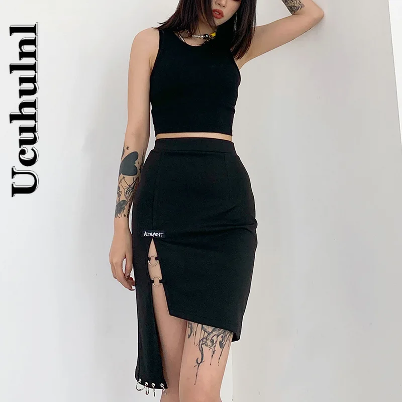 

Женская Асимметричная юбка до колена, готическая Черная модная облегающая юбка с высокой талией и разрезом, Y2k, лето 2021