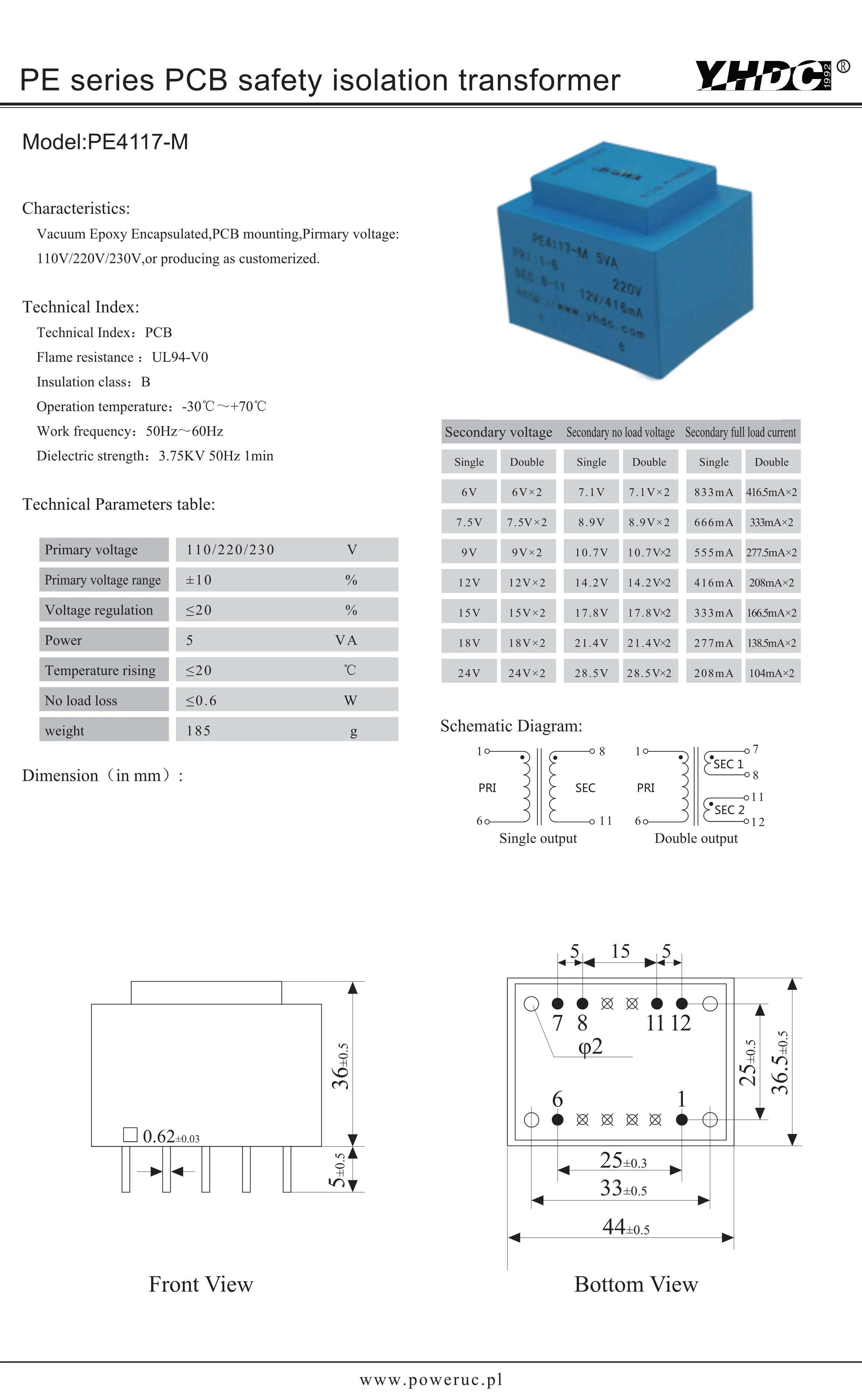 PE4117-M мощность 5VA 220В 2 * 24В Инкапсулированный трансформатор монтажный PCB |