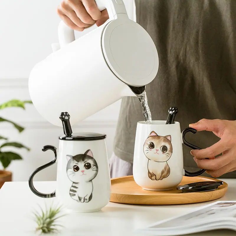

Couple's Mug Cute Cat Ceramic Coffee Cup Creative Large Capacity Water Cup for Office Coffee Cup with Lid Spoon KEDICAT