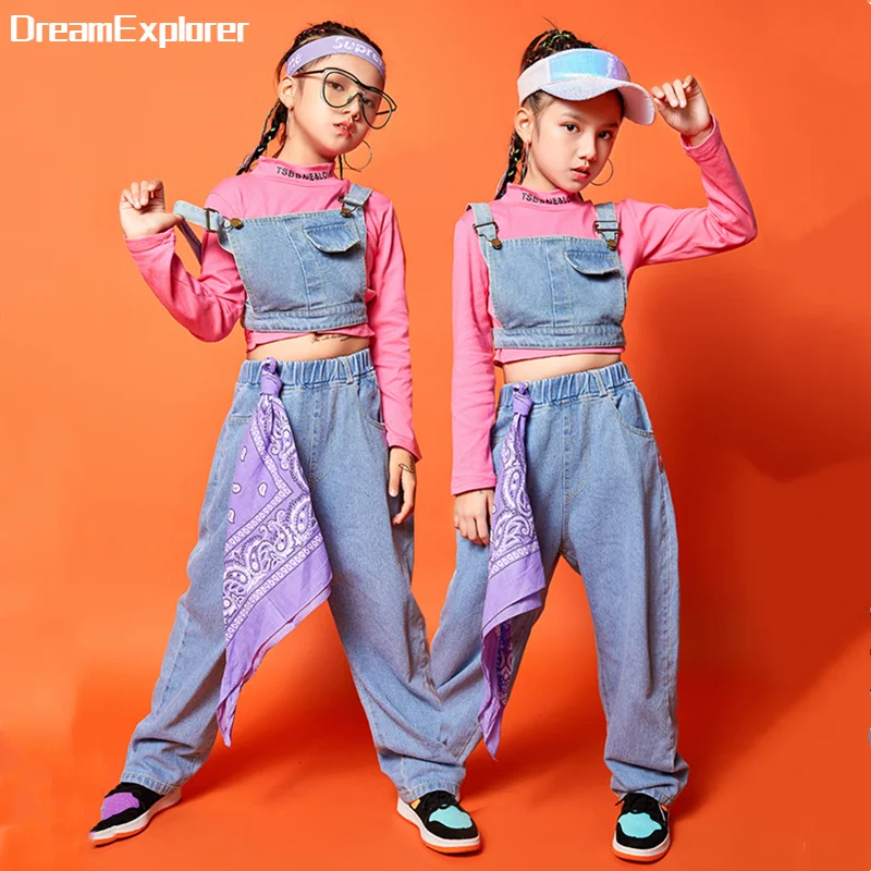 

Girls Hip Hop Denim Crop Tank Top Kids High Collar Sweatshirt Jazz Jeans Clothes Set Child Costumes Street Dance Streetwear
