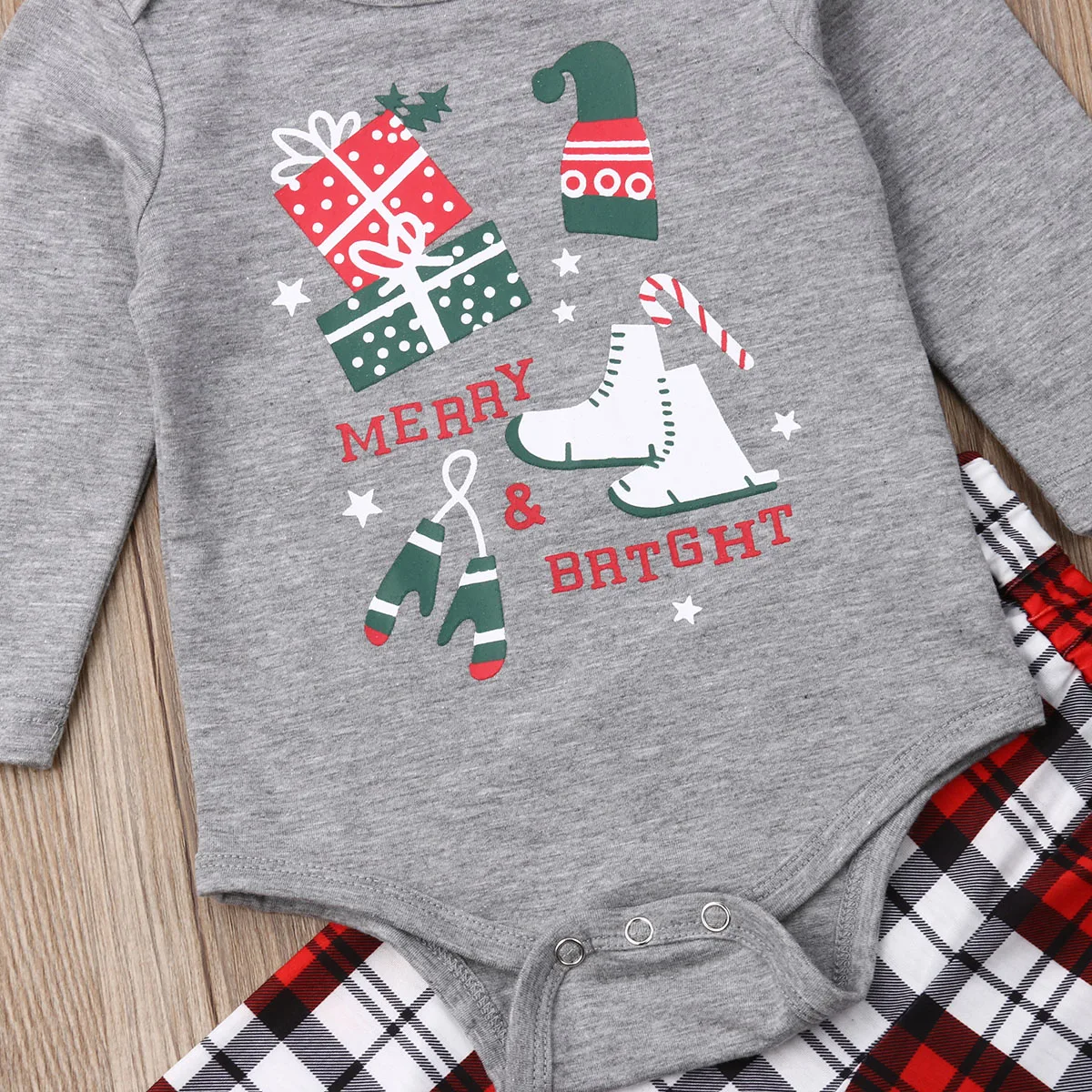 Newborn Toddler Baby Girl Boy Christmas Clothes Sets Long Sleeve T-shirt Romper Top Plaid Pants Matching Outfits | Мать и ребенок