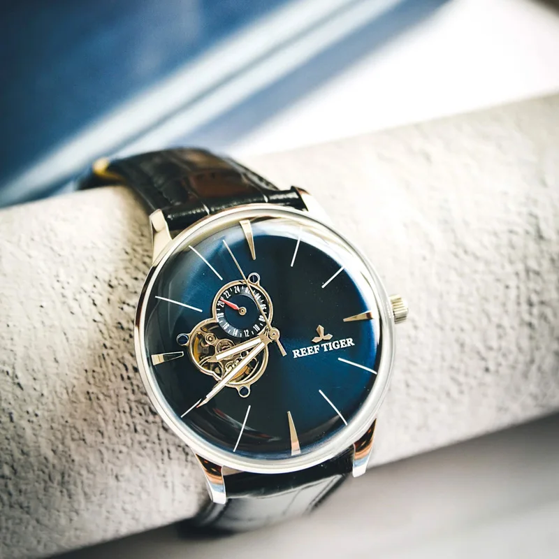 Новые выпуклые часы Reef Tiger/RT Tourbillon Мужские автоматические с линзой стальные синим