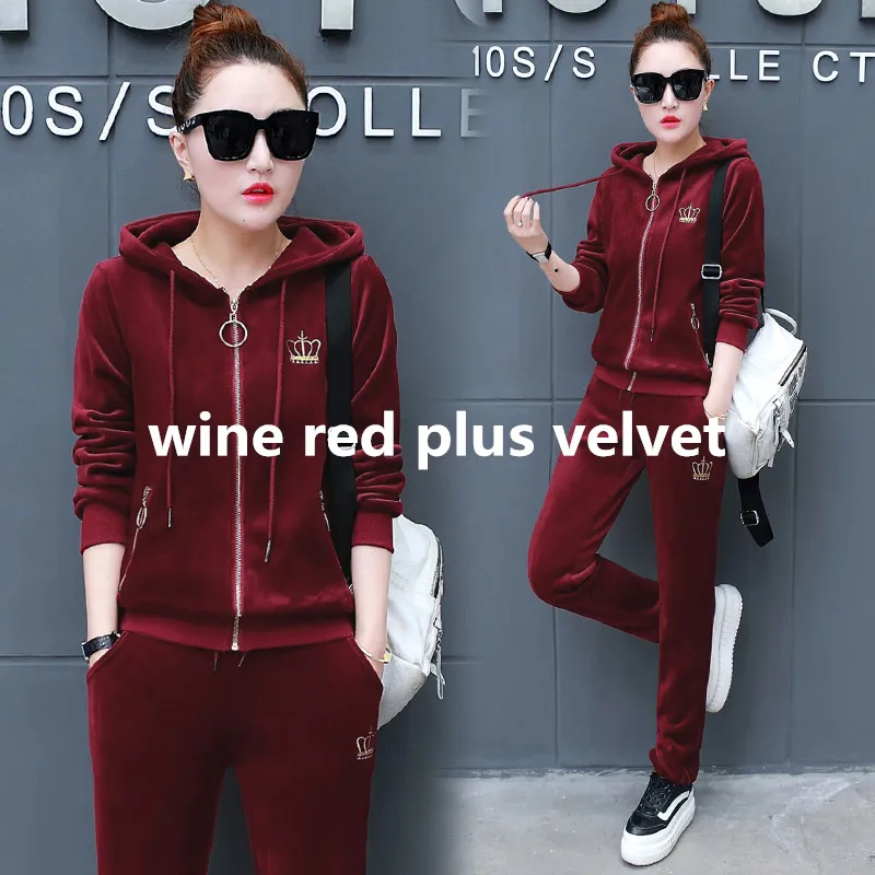 wine red 1 Золотой вельветовый спортивный костюм осень и зима плюс бархатные женские комплекты повседневные с капюшоном золотые бархатные женские костюмы спортивный костюм - Цвет: wine red 1