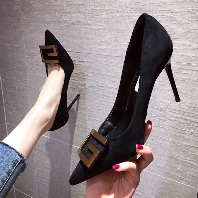 

Women's High Heels Korean Style Single Shoes Pointed Toe Shoes Mouth All-match Stiletto Suede Shoes with Metal Decoration
