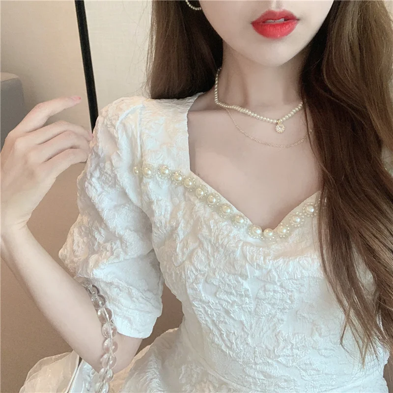 

Korean Style Solid Vintage Dresses Women Short Sleeve Casual Mini Robes Ladies Elegant Floral Slim Jacquard Vestidos 2021 Summer