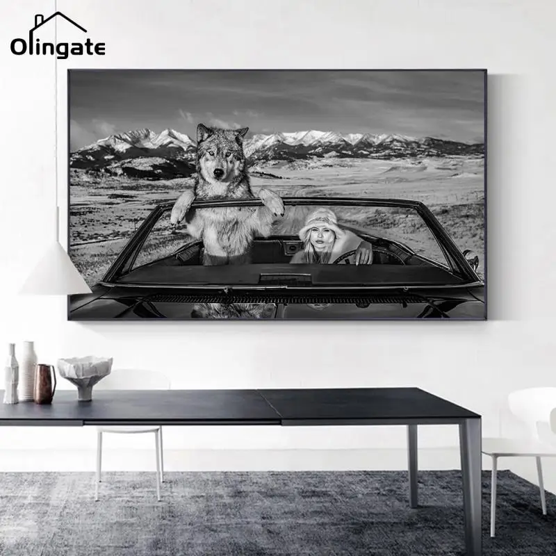 

Wild Wolves Animal Wall Art Posters White Black Canvas Print Naughty Girl Driving Car Canvas Paintings Pictures for Home Decor