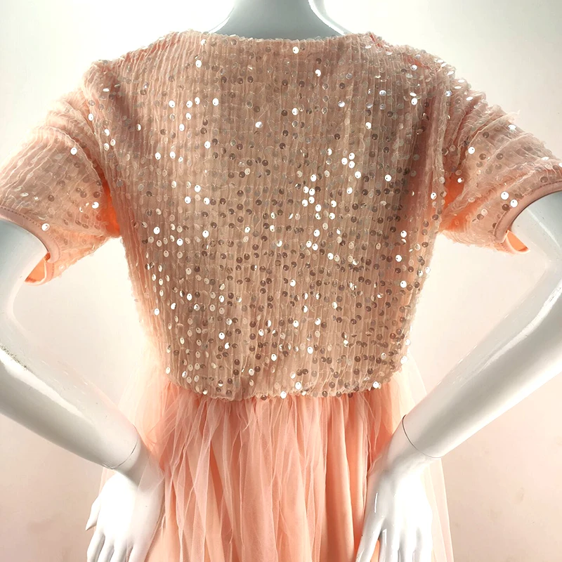 

Sequin Stitching Mesh Pregnant Woman Floating Solid Color Skirt Short Sleeve V-neck Pregnancy Dress Maternity for Photo Shoot