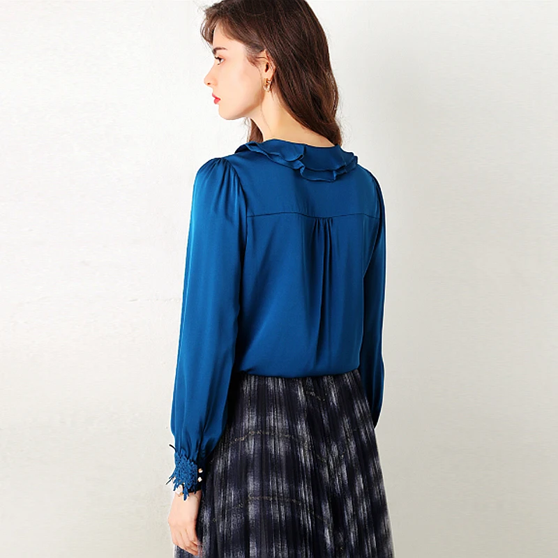 100% Silk Blouse Women Shirt Elegant Design Solid Ruffles Plus Sizes V Neck Embroidered Long Sleeve Graceful Style New Fashion
