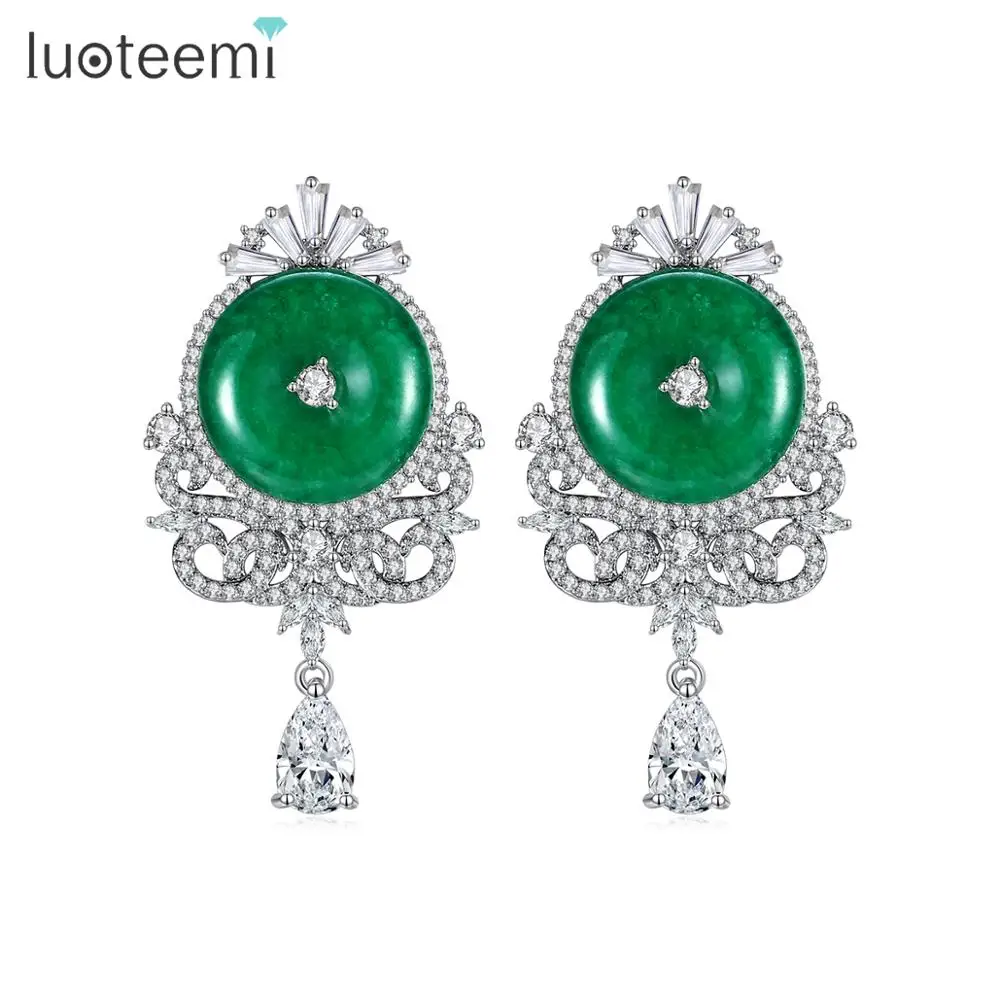 

LUOTEEMI Round Drop Earrings Big Emerald Color Stone Cubic Zircon Vintage Fashion Jewelry for Women Christmas Boucle D’Oreille