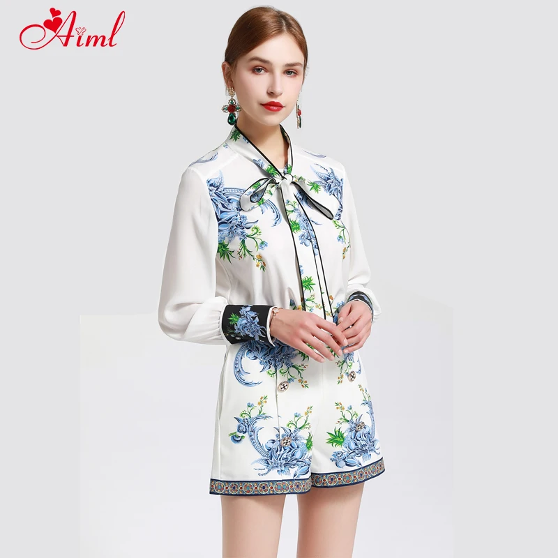 2020 Fashion Designer Summer Set Female Long sleeve Bow collar Floral Print Tops Street Leisure Button Shorts Two-Piece Suit New