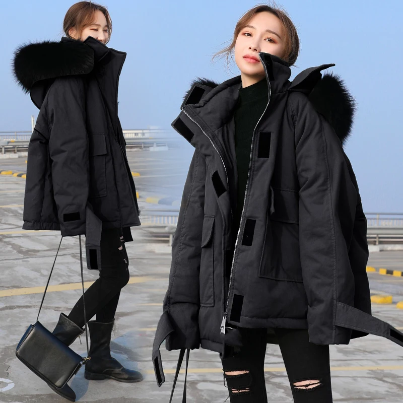 

Пуховики на белом утином пуху для женщин зимние курточки на толстой подкладке, теплые куртки-парки на пуху, одежда для детей; Повседневная Женская Свободный пуховик большой меховой воротник пальто