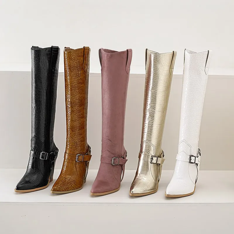 Женские сапоги с острым носком MORAZORA черные до колена на высоком каблуке пряжкой