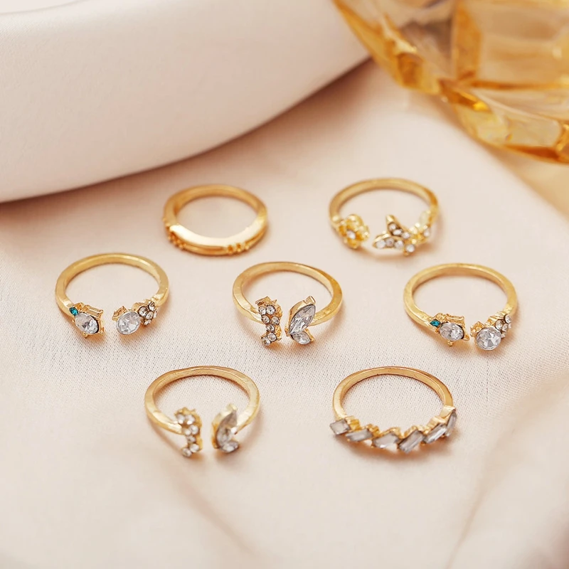 

7pcs/set Butterfly Rings Adjustable Opening Diamond Flowers Rings for Date Women Girls Travel Beach Holiday Jewelry Gifts