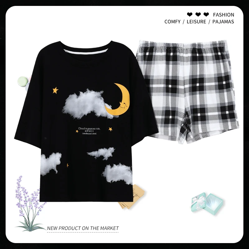 

Новинка, летняя Хлопковая женская пижама с мультяшным принтом, ночная рубашка, шорты с коротким рукавом, Женский пижамный комплект, женская ...