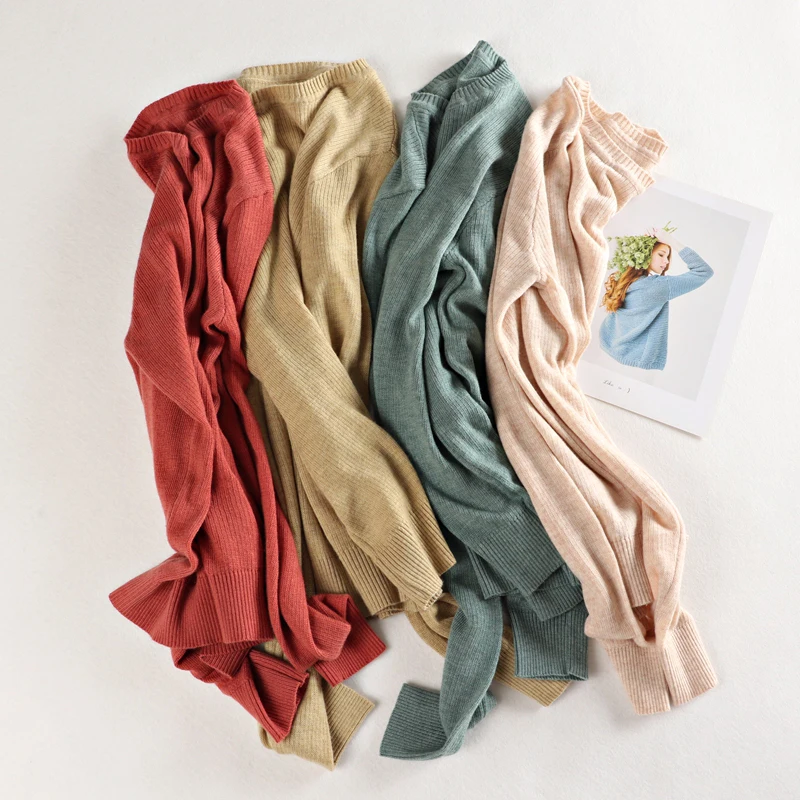 Женский шерстяной свитер GIGOGOU вязаный пуловер с круглым вырезом и длинными