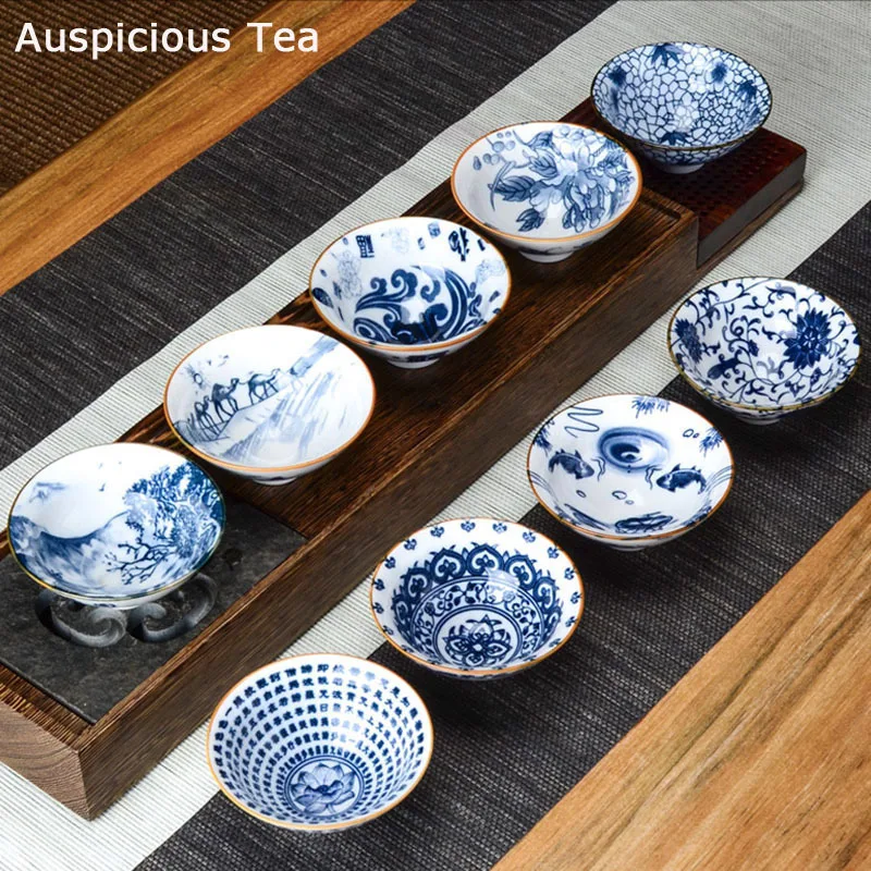 

1 шт. китайская сине-белая фарфоровая чайная чашка для путешествий Женская чайная чаша противоскользящая ручная роспись конусная чашка чашки для медитации чайный набор