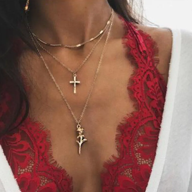 

Wholesale Fashion Gold Plated Cross Rose Flower Necklaces For Women Multi Layer Long Pendant Necklaces Girls Gift Jewelry