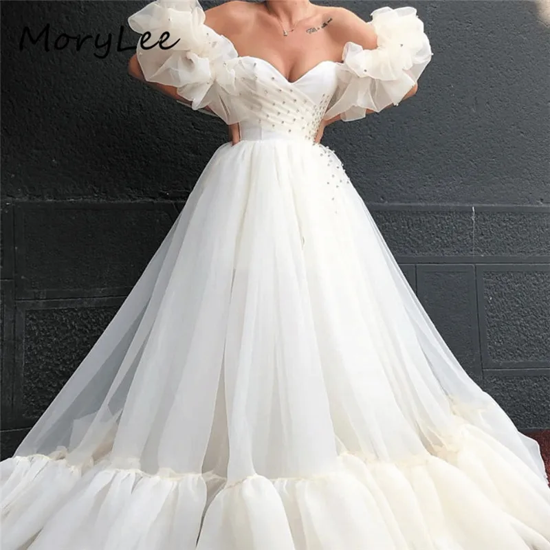 

Princess Evening Dresses Sweetheart A-Line Puffy Sleeves Pearl Beaded Evening Dress Lace Up Back vestidos de fiesta de noche