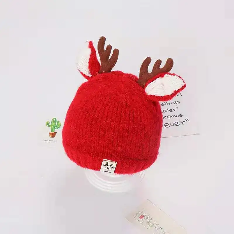 Детская шерстяная шапка зимняя вязаная с рисунком оленя на возраст 0-12 месяцев От