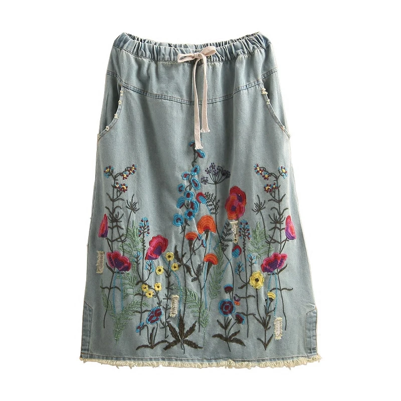 

Women Summer Elastic Waist A-line Embroidery Holes Skirts Free Shipping 2021 New Tassels Cotton Denim Long Mid-calf Skirts