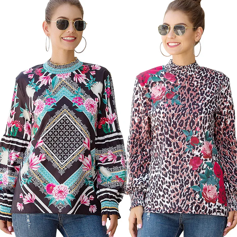 Весна Осень 2020 женское платье с принтом и воротником стойкой рубашка рукавами