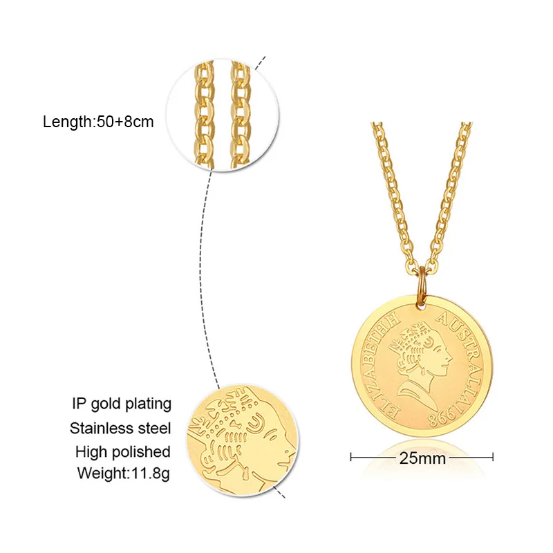 Vnox Elizabeth Australia 1998 Coin Necklaces for Women Trendy Gold Tone Stainless Steel Pendant with Adjustable Length Chain | Украшения и