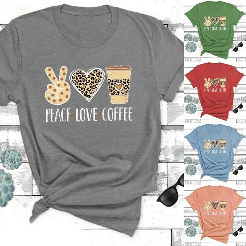 

Leopard Peace Love Coffee Print T Shirt Women Short Sleeve O Neck Loose Tshirt Summer Women Tee Shirt Tops Camisetas Mujer