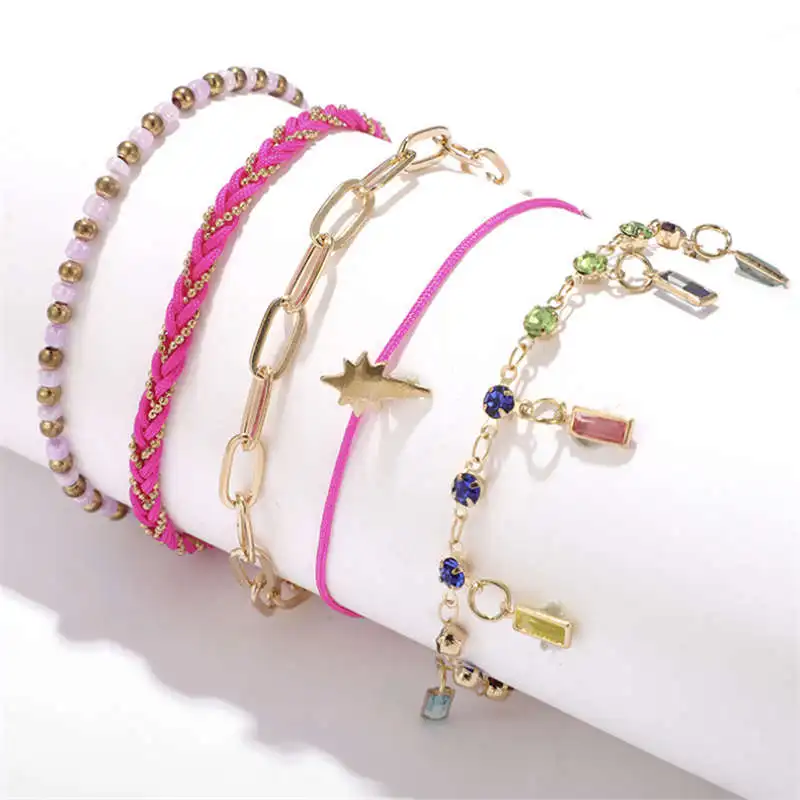 Многослойный ножной браслет Su украшенный кристаллами богемный жемчужный цвет