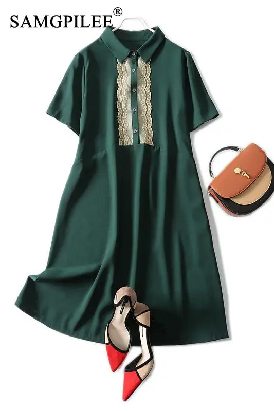 

Summer Women Dresses 2021 New Korean Style Casual A-line Solid Short Sleeve Appliques Knee-length Empire Polo Dress Plus Size