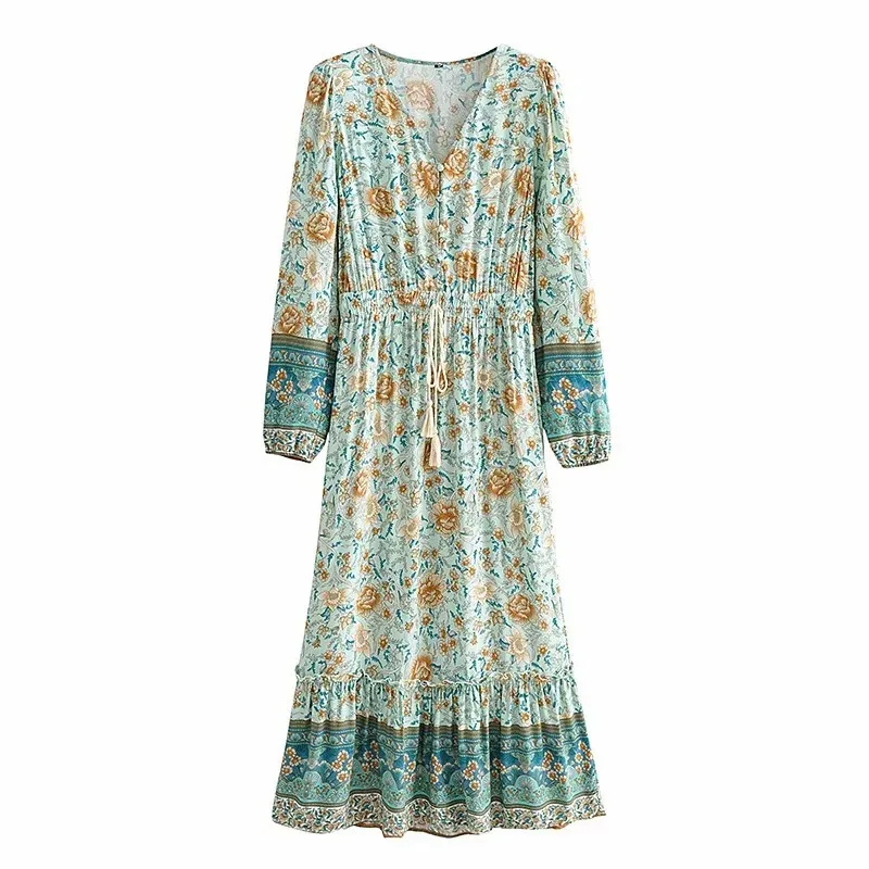 

Женское длинное платье на пуговицах с V-образным вырезом и цветочным принтом