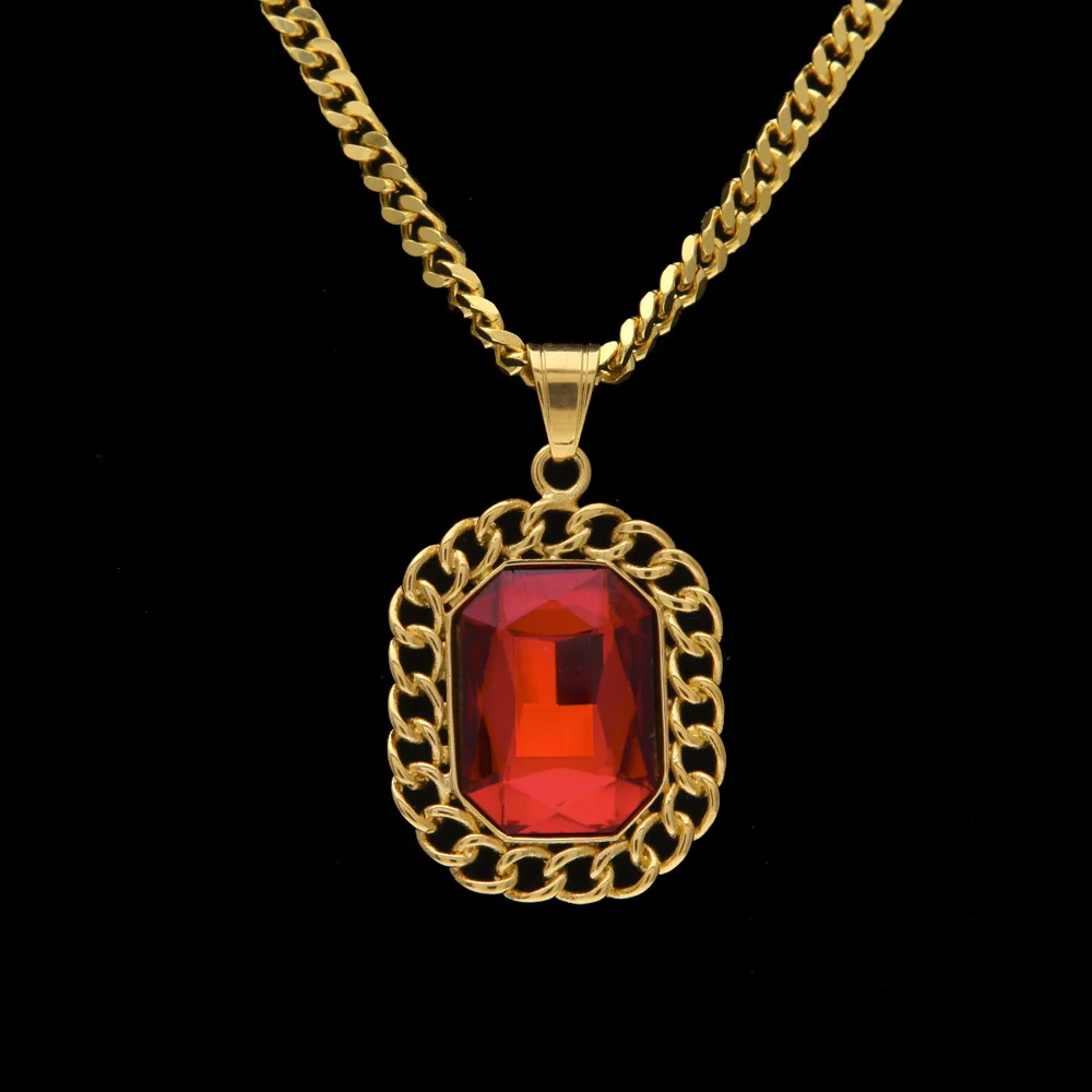 

Stainless Stee high quality Men hip hop Red Gem pendant necklaces 70cm long cuban link chain fashion gifts women jewelry