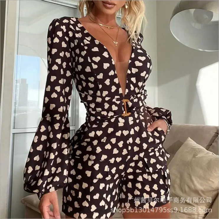 

Mandylandy Spring Autumn Elegant Heart Print Short Playsuit with Belt Ladies Long Lantern Sleeve Deep V Neck Jumpsuit Romper