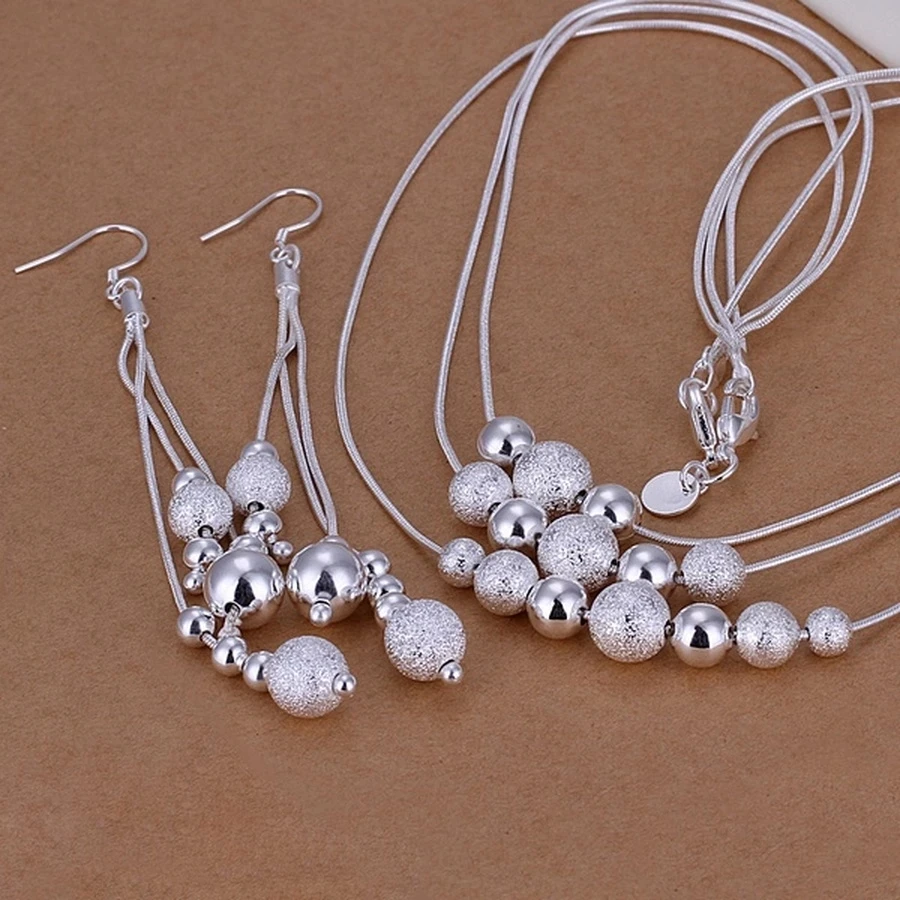 

925 Sterling Silver Wedding Party Jewelry Fashion Retro Charm Beads Women Lady Nice Necklace Drop Earrings Jewelry Set