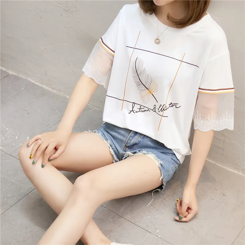 

Новинка 2021, кружевная футболка, женская летняя Свободная белая футболка с коротким рукавом