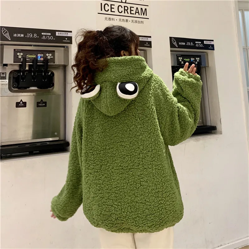 

Women Cute Frog Ear Hooded Fleece Coat Loose Faux Fur Jacket Zipper Pocket Thick Warm Outwear Korean Teens Street Jacket