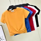 Женская футболка с круглым вырезом, Повседневная однотонная хлопковая Футболка с высокой талией, лето 2020