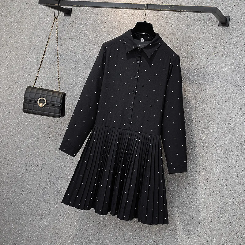 

4XL plus size women elegant vintage dot print short dress Spring autumn 2021 long sleeve turn down collar black pleated dresses