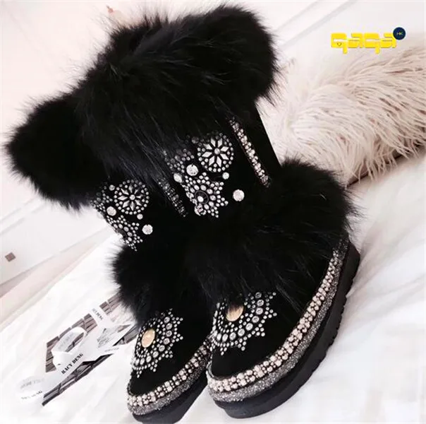 Зимние ботинки из кожи и вельвета с толстым лисьим мехом женские ручной работы