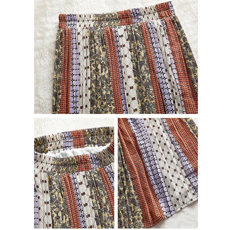 

TIGENA Fashion Chiffon Long Pleated Skirt Women 2021 Spring Summer Vintage Contrast Print Aesthetic High Waist Skirt Female Lady